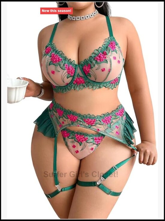 Other - Plus Size Lingerie Set Floral Mesh Push Up Bra & Thong